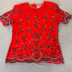 Stenay Vintage Women's Red Silk Black & White Beaded Formal Top- Size XL